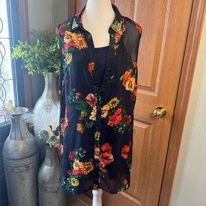 Forever 21 Sheer Layer Navy Floral Sleeveless top w/ Silver Studs Woman’s Size M